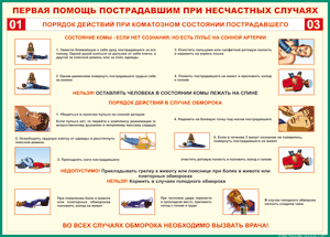 Таблица "Порядок действий при коматозном состоянии пострадавшего" (100х140 сантиметров, винил) - fgospostavki.ru - Лесной